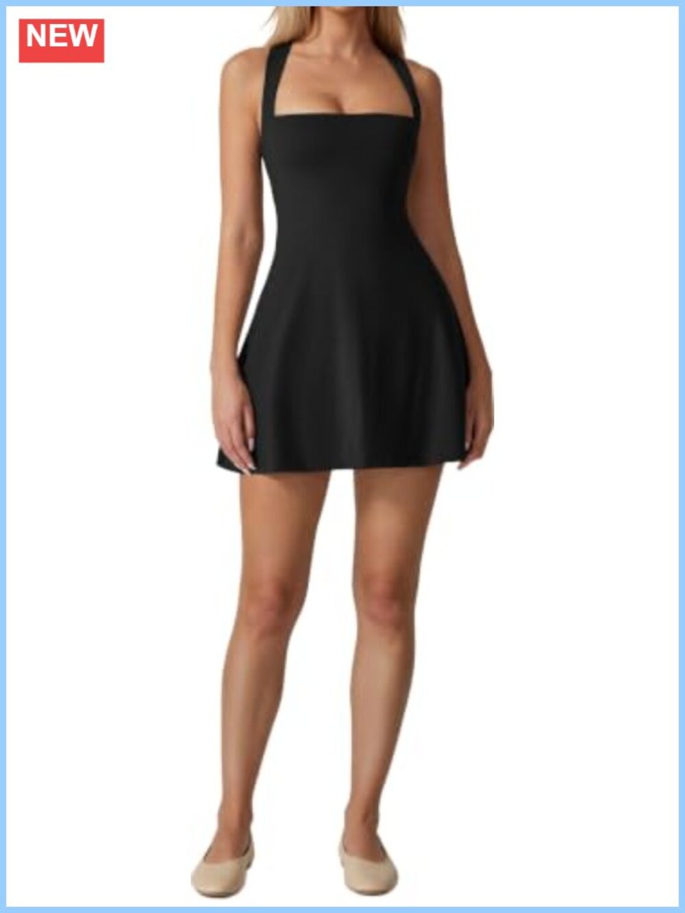 Square Neck Tennis Dress with Built-in Shorts Sleeveless Athletic Golf Dress